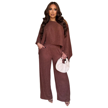 MYF (S-2XL) 10936 pleated oblique shoulder tops trousers casual suit