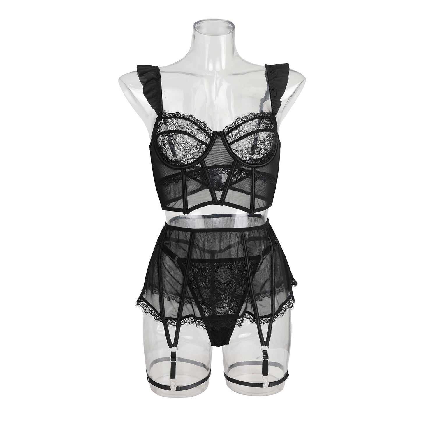 Black lace stitching see-through four-piece set with steel ring sexy bra 2061