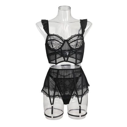 Black lace stitching see-through four-piece set with steel ring sexy bra 2061