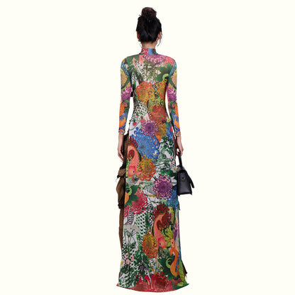DLS Spring personalized plant print long sleeve half turtleneck high slit long shirt