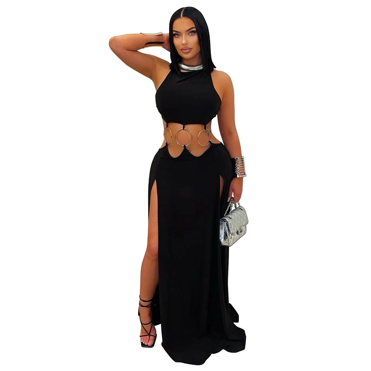 MYF (S-2XL) 20194 European back high slit contrasting-color dress