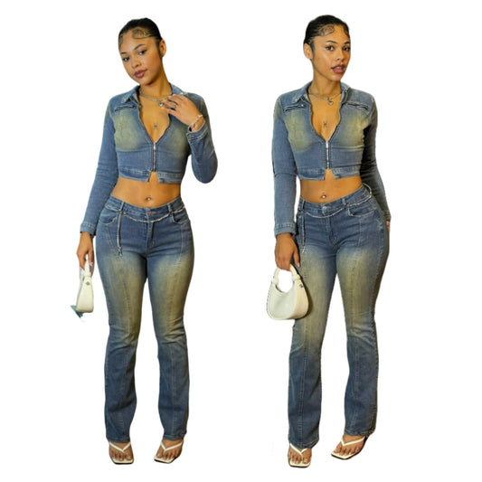MZ (S-2XL) retro distressed micro-La 88662 stretch long sleeve bootcut pants suit