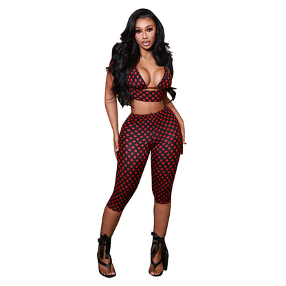 DZHT J26ST079 wave sleeveless dot printed three-piece set