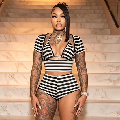 DZHT J26ST161 Sling short top shorts striped printed three-piece set