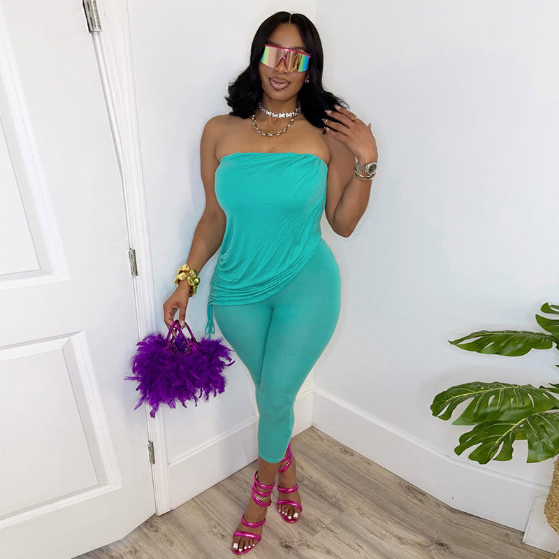 DZHT D26JP142 slim-fit sleeveless fake two-piece tube top drawstring cropped jumpsuit