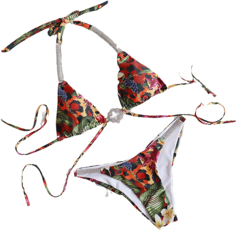 Sexy lace-up luxury rhinestone bikini tropical flowers