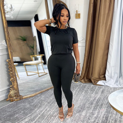 DZHT D26ST129 solid color round neck short sleeves T-shirt top tight trousers two-piece suit