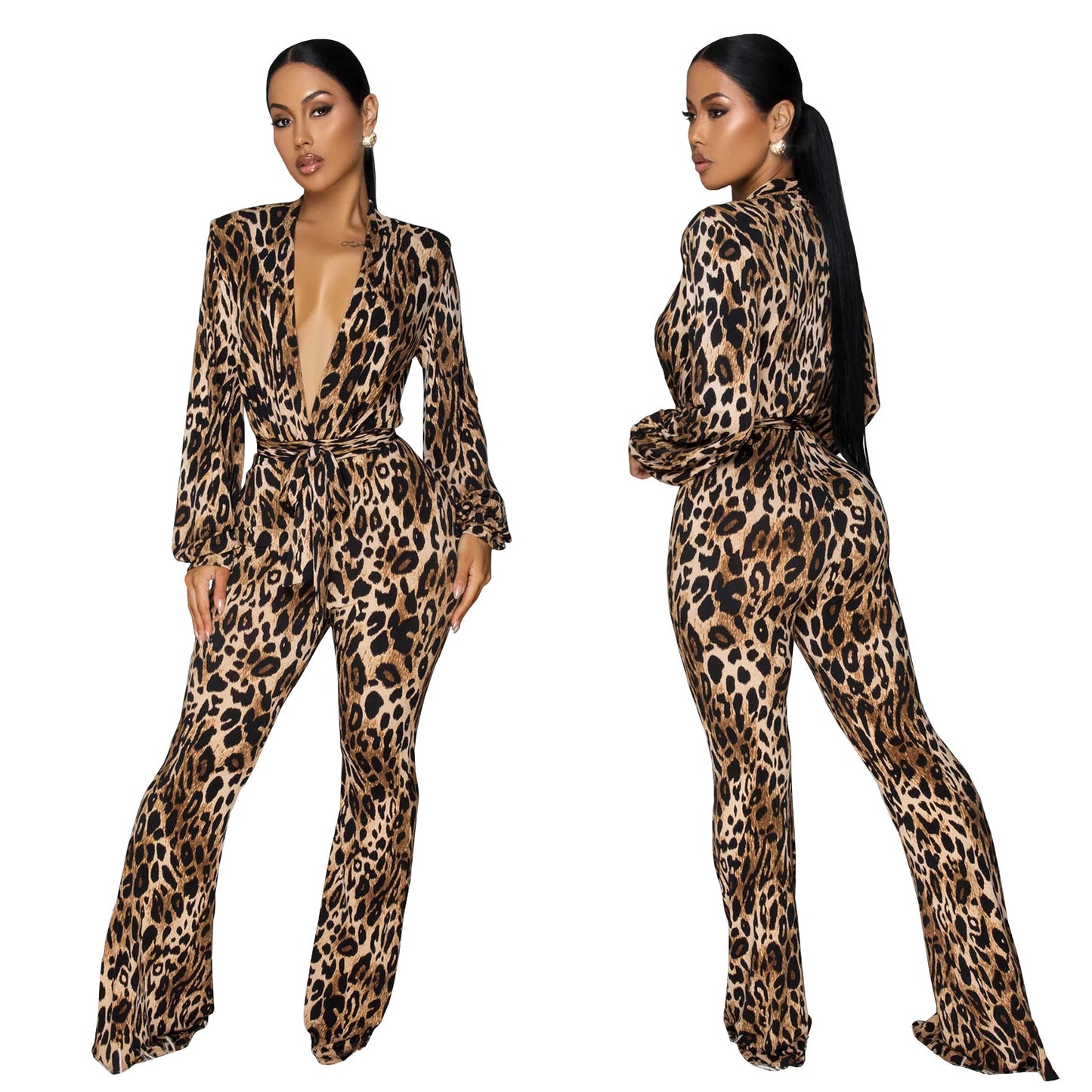 XYZ C7586 deep V leopard print comfortable jumpsuit