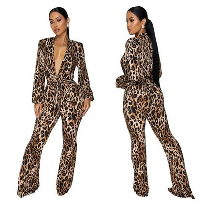 XYZ C7586 deep V leopard print comfortable jumpsuit