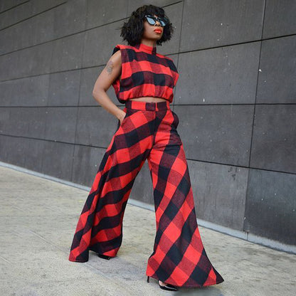 MYF (S-2XL) 10950 suede plaid loose wide leg pants sleeveless suit