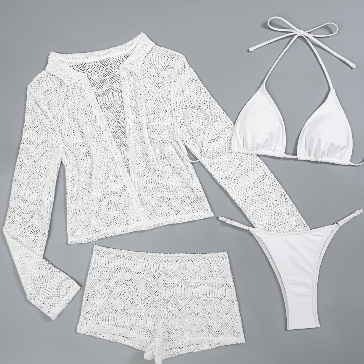 (4 days ready to ship) SY 2026 new white hollow-out lace four-piece set American bikini