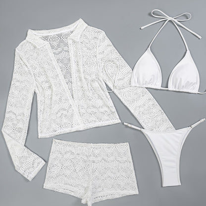 (4 days ready to ship) SY 2026 new white hollow-out lace four-piece set American bikini