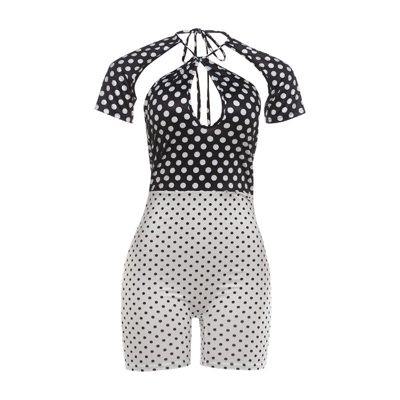 SXR K6Q08487A polka dot printed backless waist trimming jumpsuit