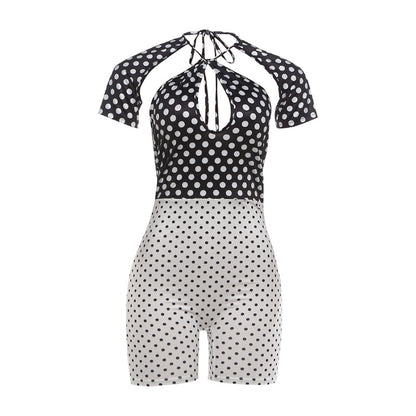 SXR K6Q08487A polka dot printed backless waist trimming jumpsuit