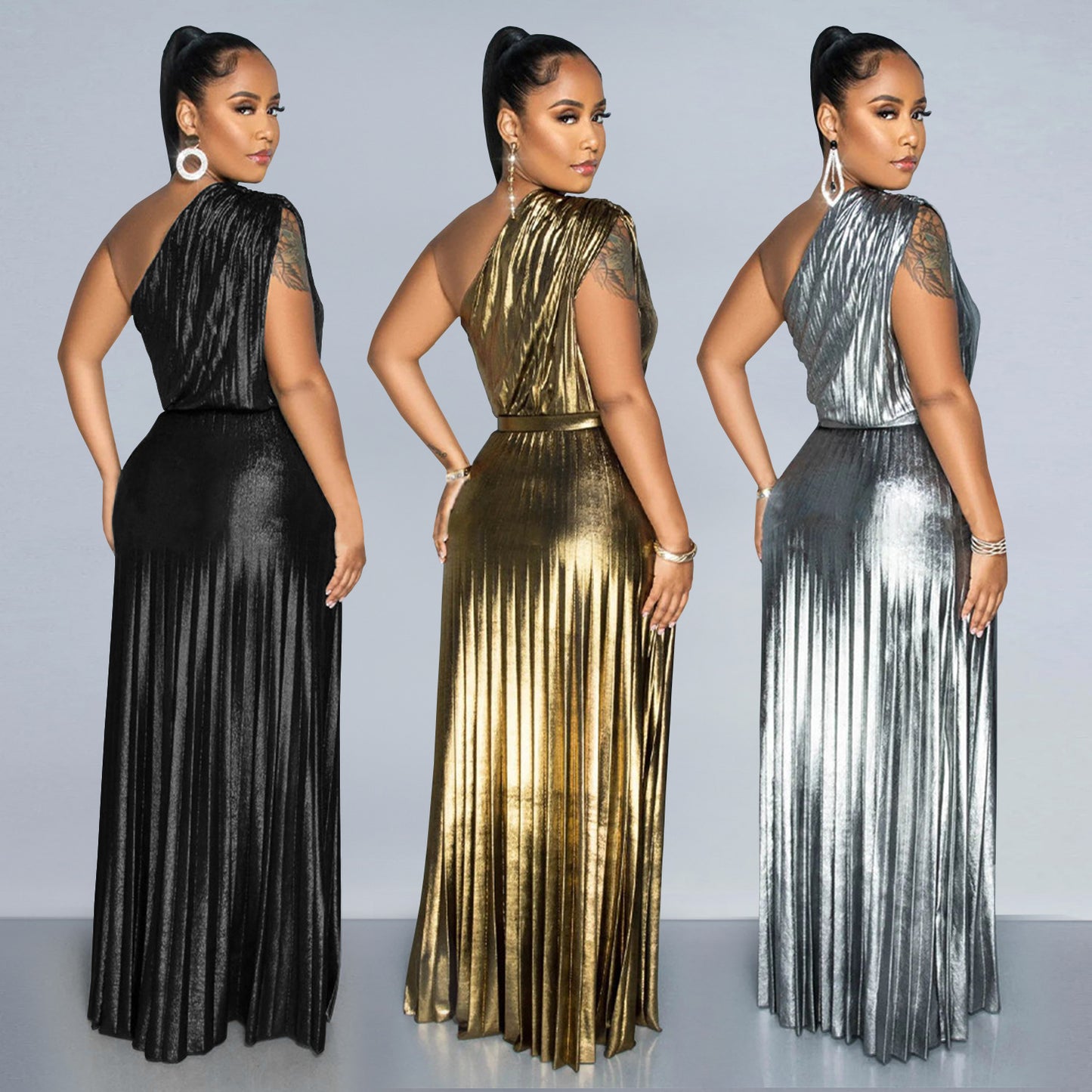 XYZ C7506 elegant bronzing off-shoulder sleeveless dress