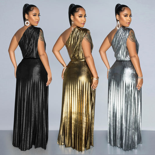 XYZ C7506 elegant bronzing off-shoulder sleeveless dress