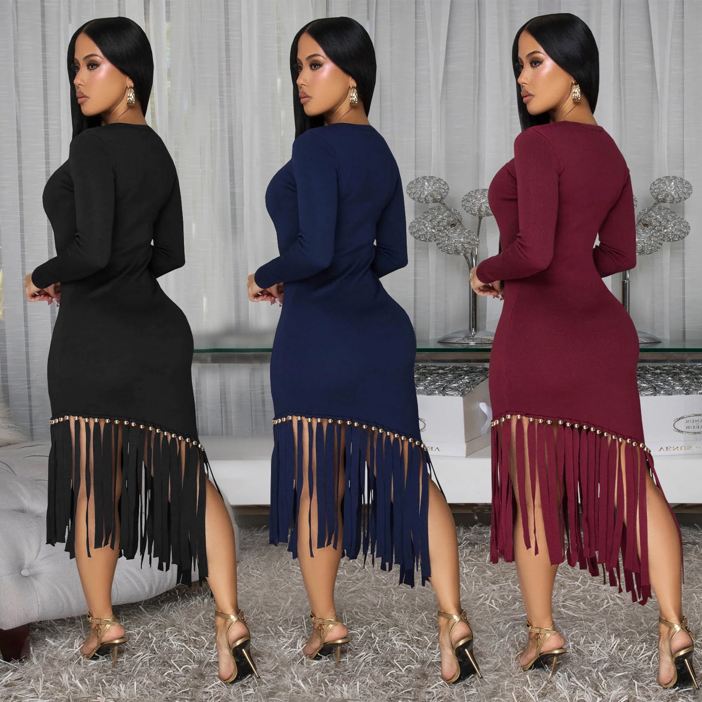 XYZ C7533 slim-fit round neck Tassel Hem Dress