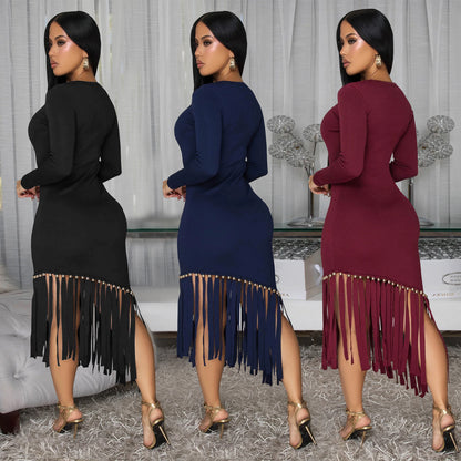 XYZ C7533 slim-fit round neck Tassel Hem Dress