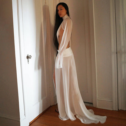 SXR winter see-through turtleneck bell sleeve top split dress suit