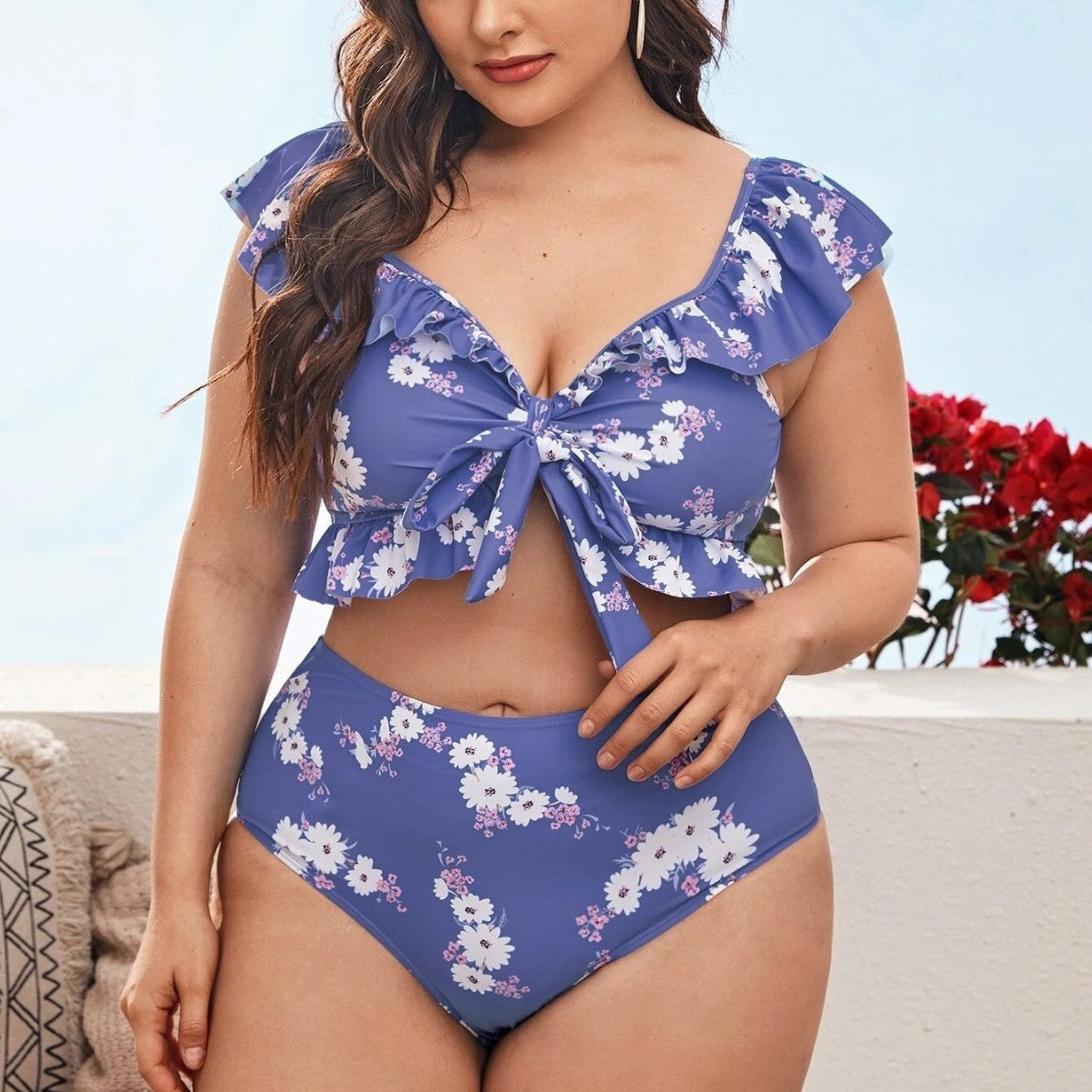 LF (L-4XL) 2026 swimsuit women's split shoulder hanging large size printing