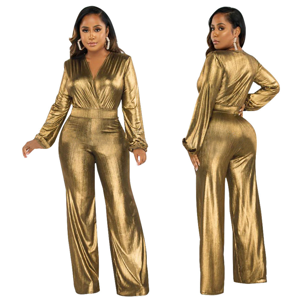 MYF (S-2XL) K10317 autumn V lantern sleeve gilding one-piece