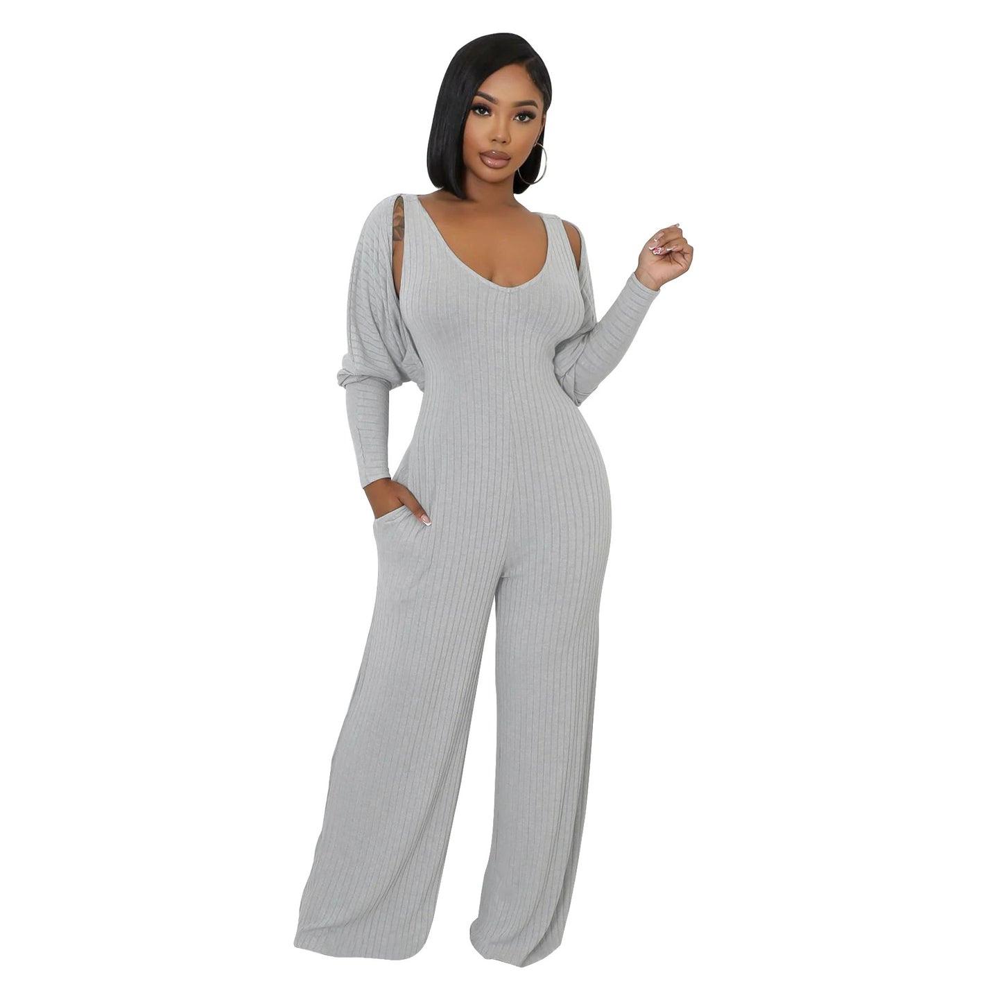 MYF (S-2XL) K10794 high elastic sunken stripe long sleeve vest jumpsuit