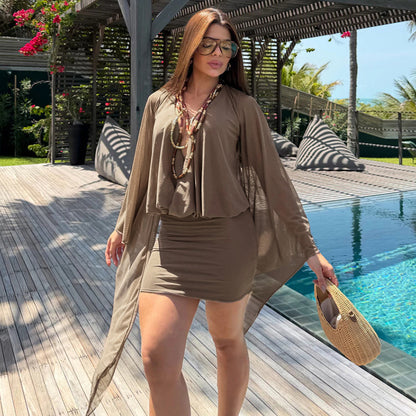 DZHT D26DS108 polka dot print mesh stitching long sleeves backless sheath dress skirt