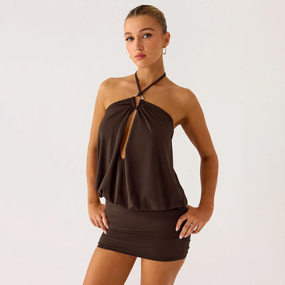 DZHT D26DS099 pure color halter lace-up cutout Bud sheath jumpsuit skirt