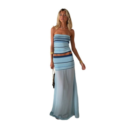 SXR spring striped tube top vest mesh semi see-through long skirt suit