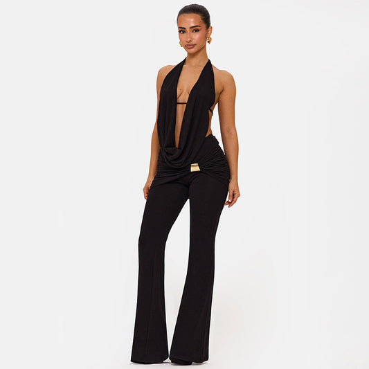 DZHT D25ST556 halter swing collar backless rope top metal buckle bootcut pants two-piece suit