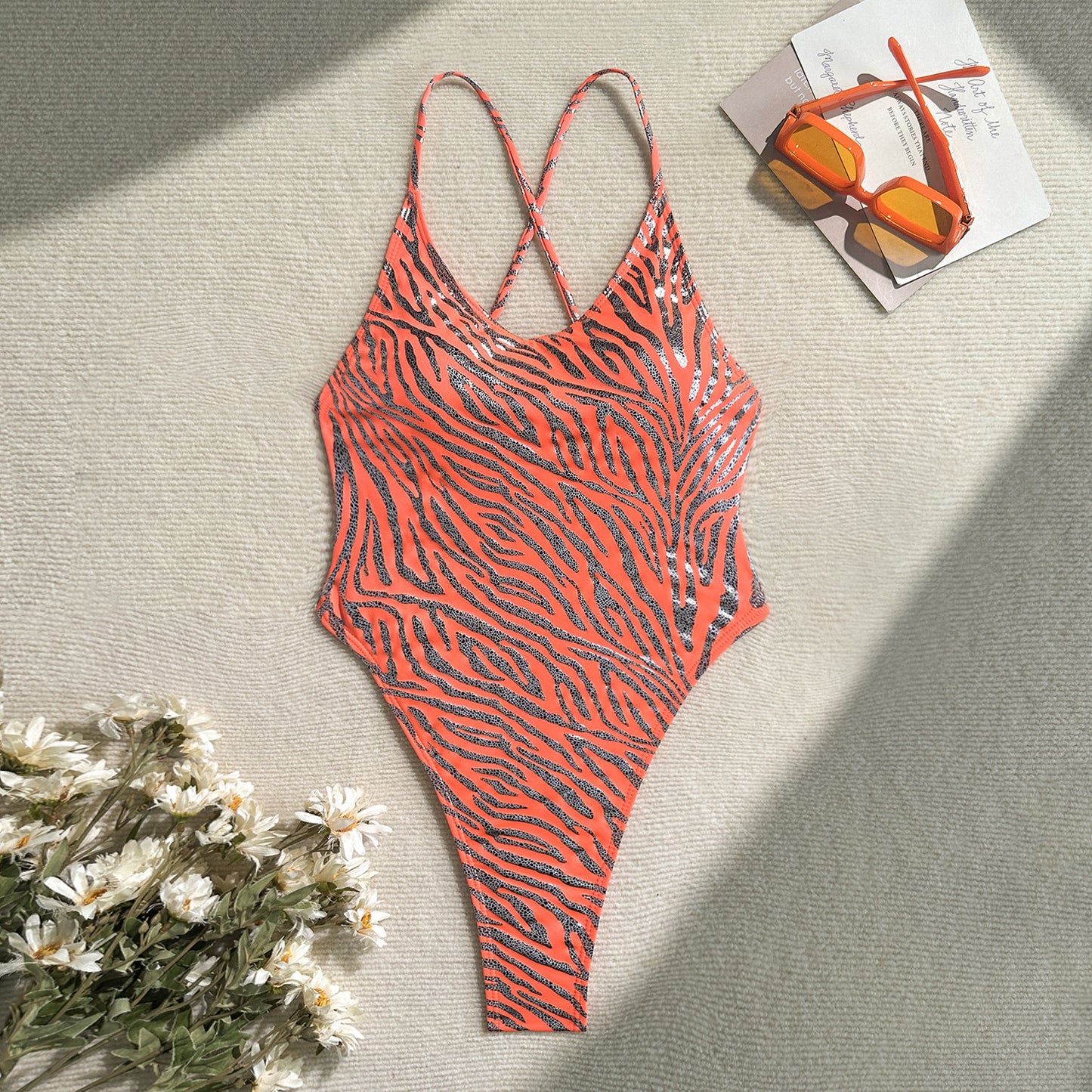 (4 days ready to ship) SY bronzing zebra stripe backless Siamese T-back swimsuit