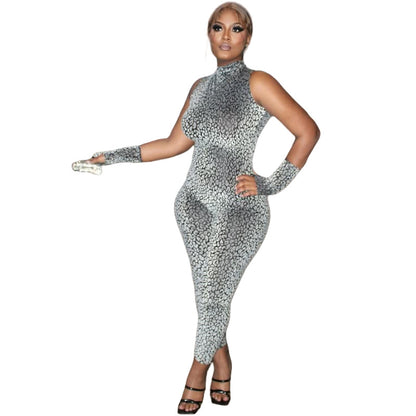 MZ (S-2XL) leopard print sleeveless MZ halter backless lace-up stretch gloves jumpsuit