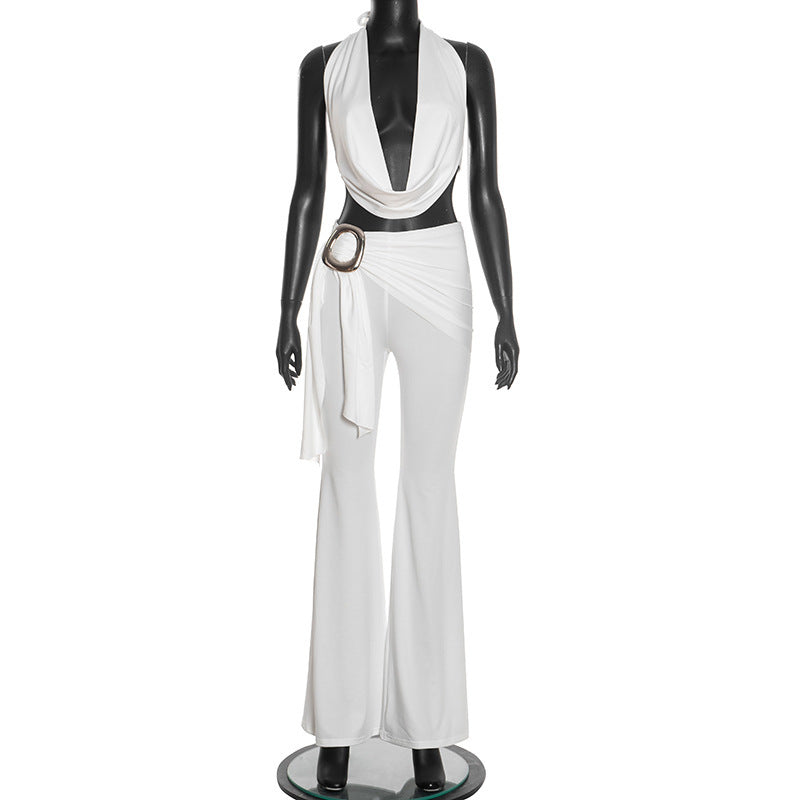 DZHT J25ST472 fashion tight sleeveless hanging collar top large hardware buckle suit