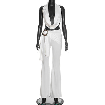 DZHT J25ST472 fashion tight sleeveless hanging collar top large hardware buckle suit