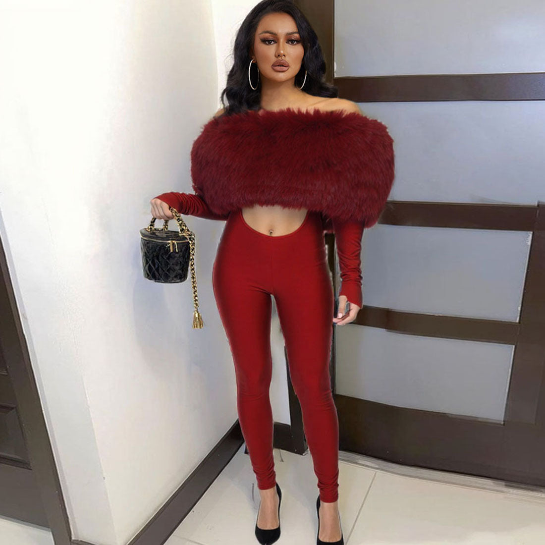 SXR autumn and winter off-shoulder furry stitching midriff-baring long sleeve jumpsuit