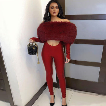 SXR autumn and winter off-shoulder furry stitching midriff-baring long sleeve jumpsuit