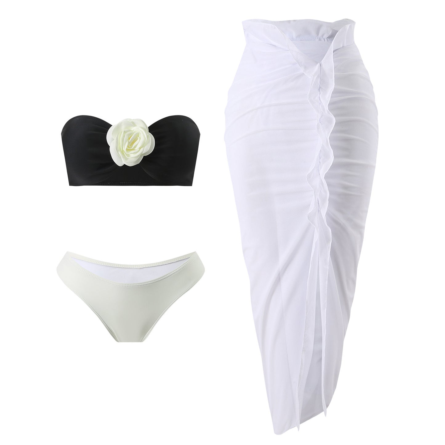 (4 days ready to ship) SY color matching rose three-piece suit mesh long dress swimsuit bikini