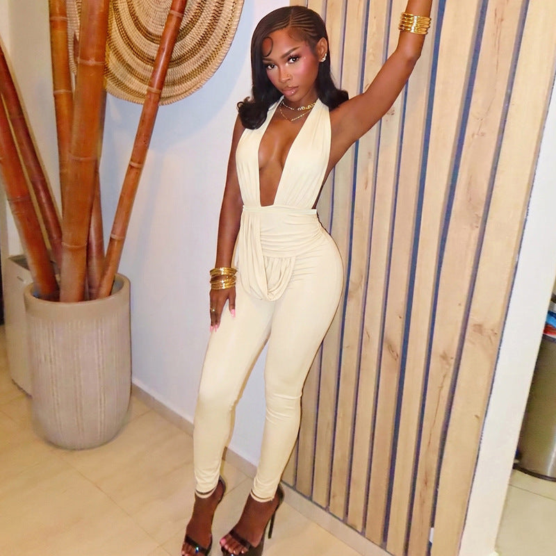 DZHT D26JP219 halter deep V-neck slim-fit hot girl swing collar backless Siamese trousers