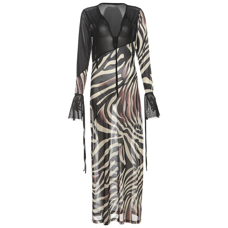 SXR summer fashion color contrast printed V-neck mesh long sleeve dress