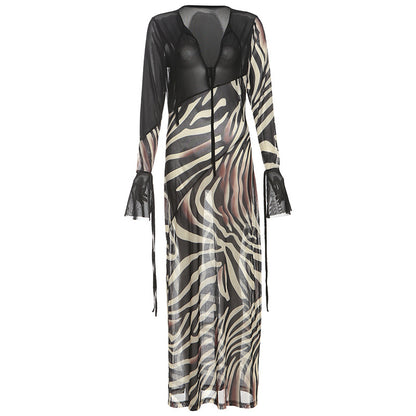 SXR summer fashion color contrast printed V-neck mesh long sleeve dress