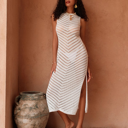 CYB knitted fitted waist sleeveless side slit skirt long skirt swimsuit blouse