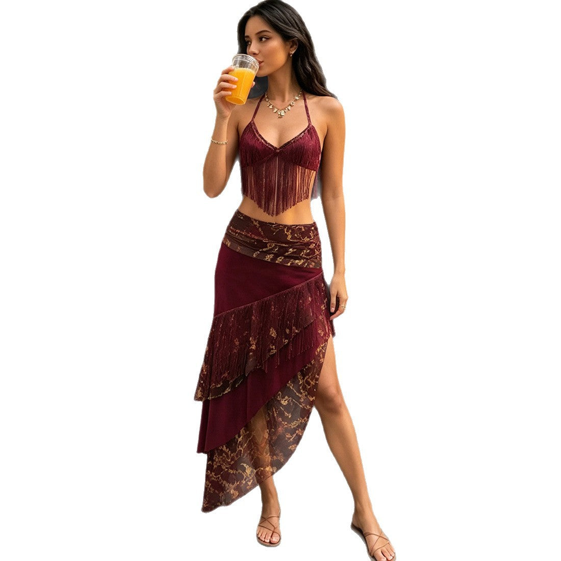 SXR K6S04936A summer tassel halterneck vest long skirt suit