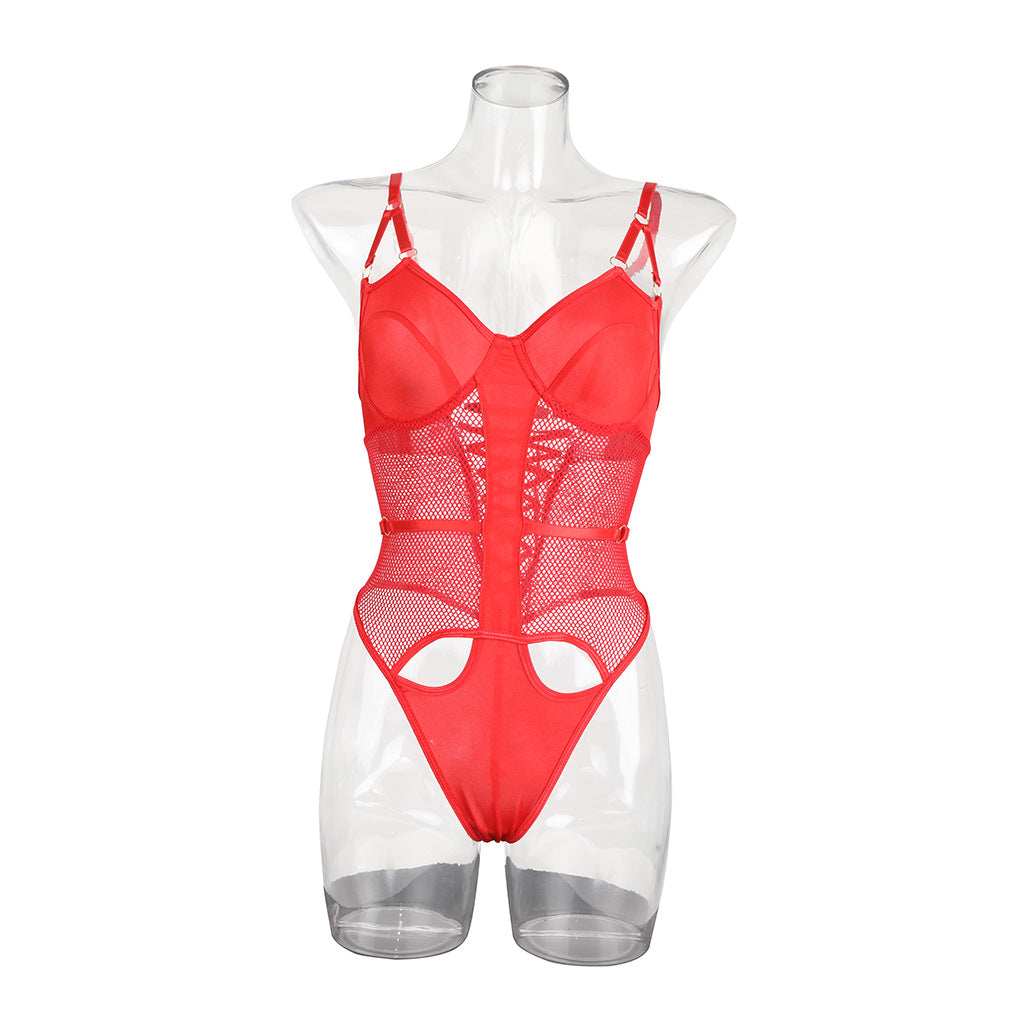 Strap fishnet with steel ring sexy jumpsuit 1802