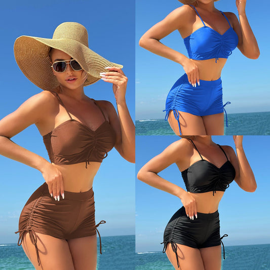 (4 days ready to ship) SY split conservative boxer shorts chest middle pants side drawstring swimsuit