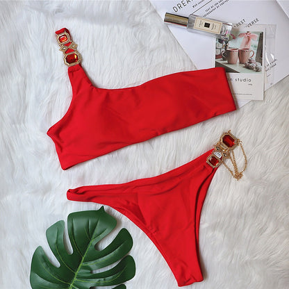 Luxury crystal diamond chain Women's split plain one shoulder sexy bikini