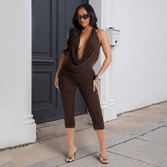 DZHT C26ST071 swing collar backless pleated mesh halter cropped pants suit