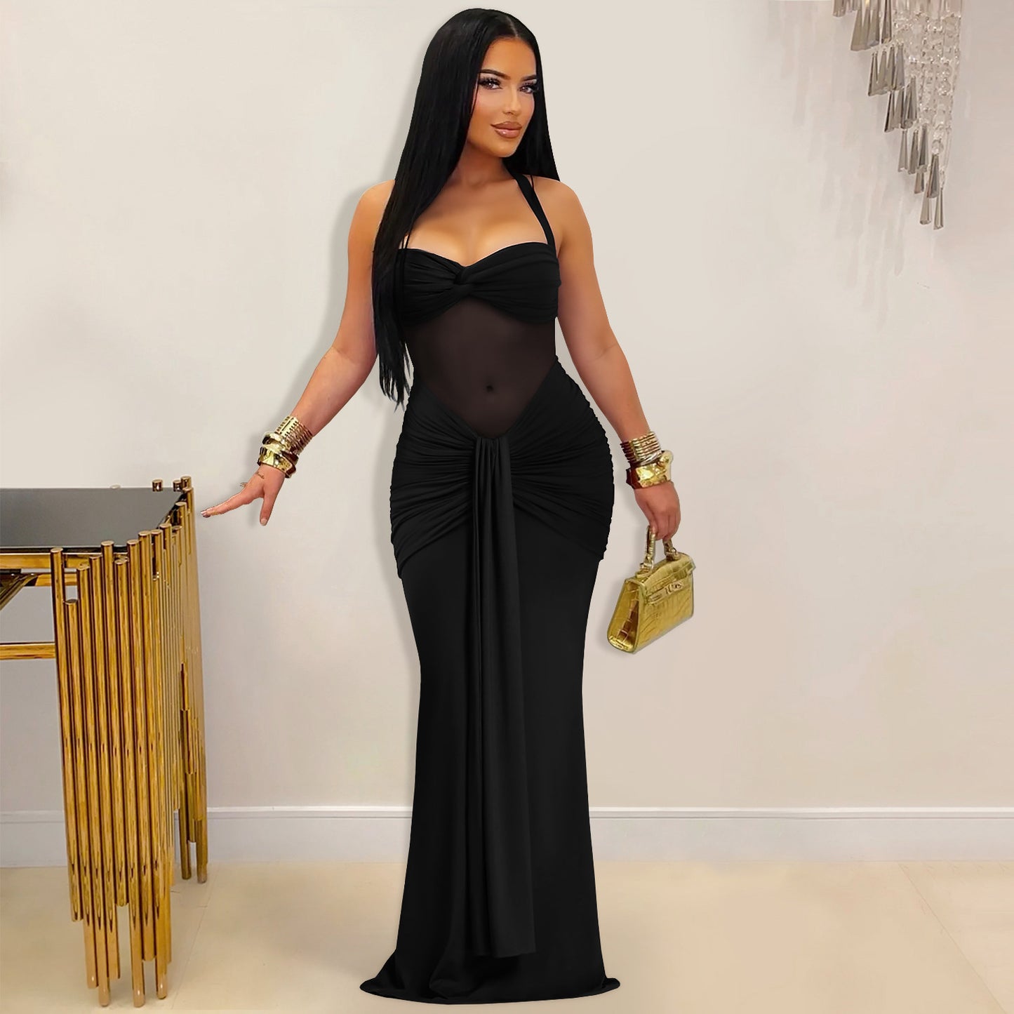 XYZ C7608 sheer mesh halter tied dress