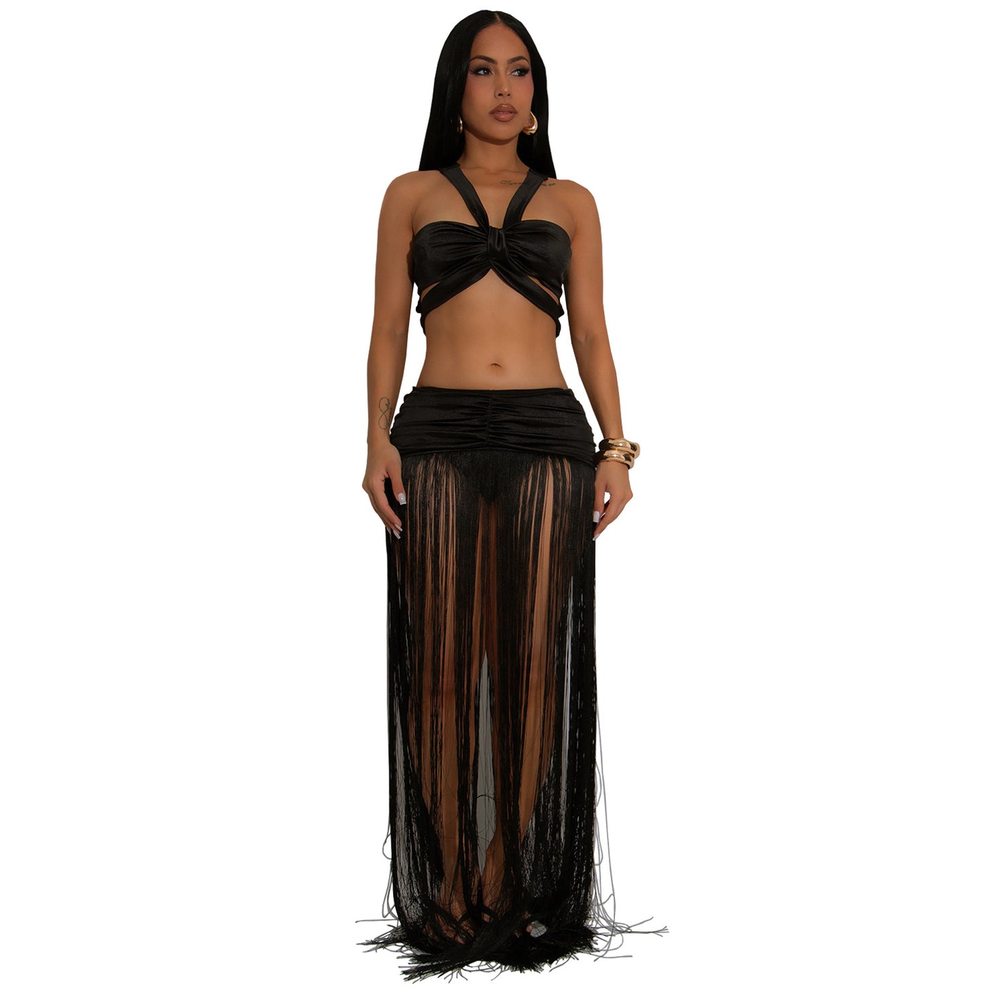 XYZ C7438 shoulder strap top tassel dress two-piece set