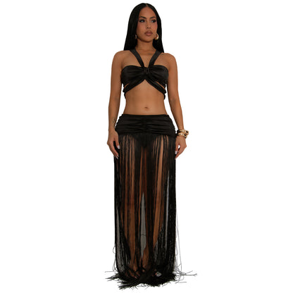 XYZ C7438 shoulder strap top tassel dress two-piece set