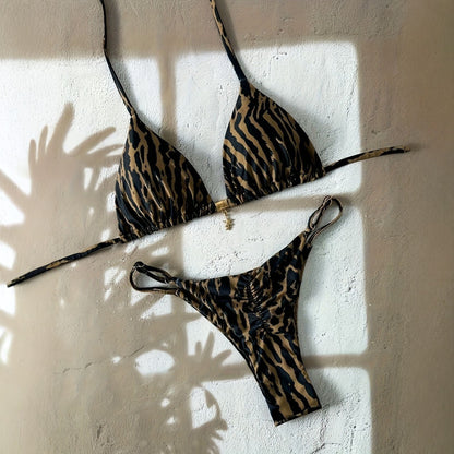 CL (S-2XL) leopard print halter triangle cup split bikini swimsuit